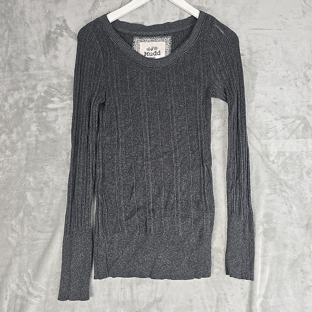 Mudd VTG Ribbed Fitted Tunic‎ Sweater Top Large Grey Y2K Grunge Sheer
